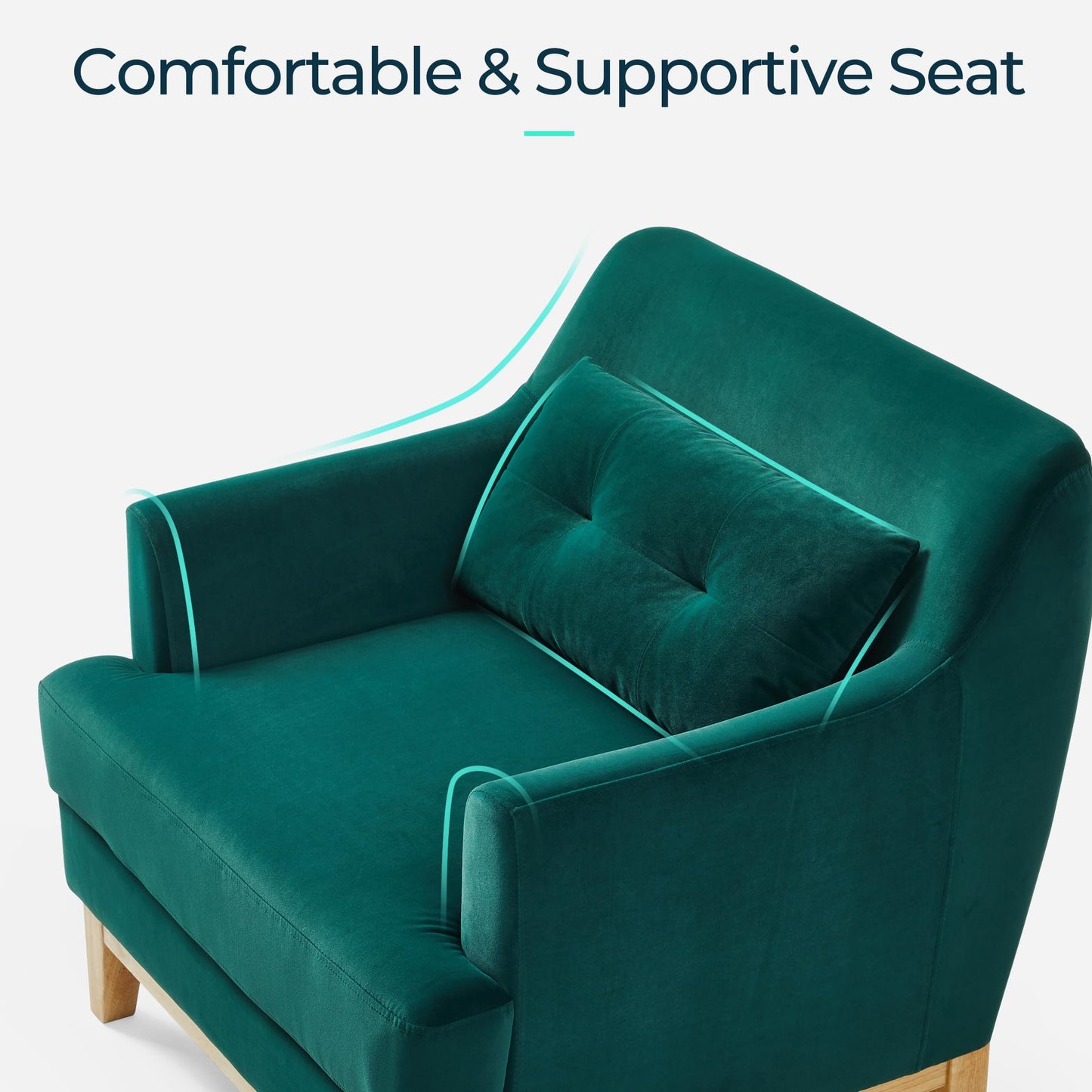 LINSY Accent Lounge Chair, Large Velvet Reading Chair with Wood Base and Lumbar Pillow, Mid Century Modern Armchair Cozy Single Sofa for Reading Room Living Room Bedroom Apartment Office, Green