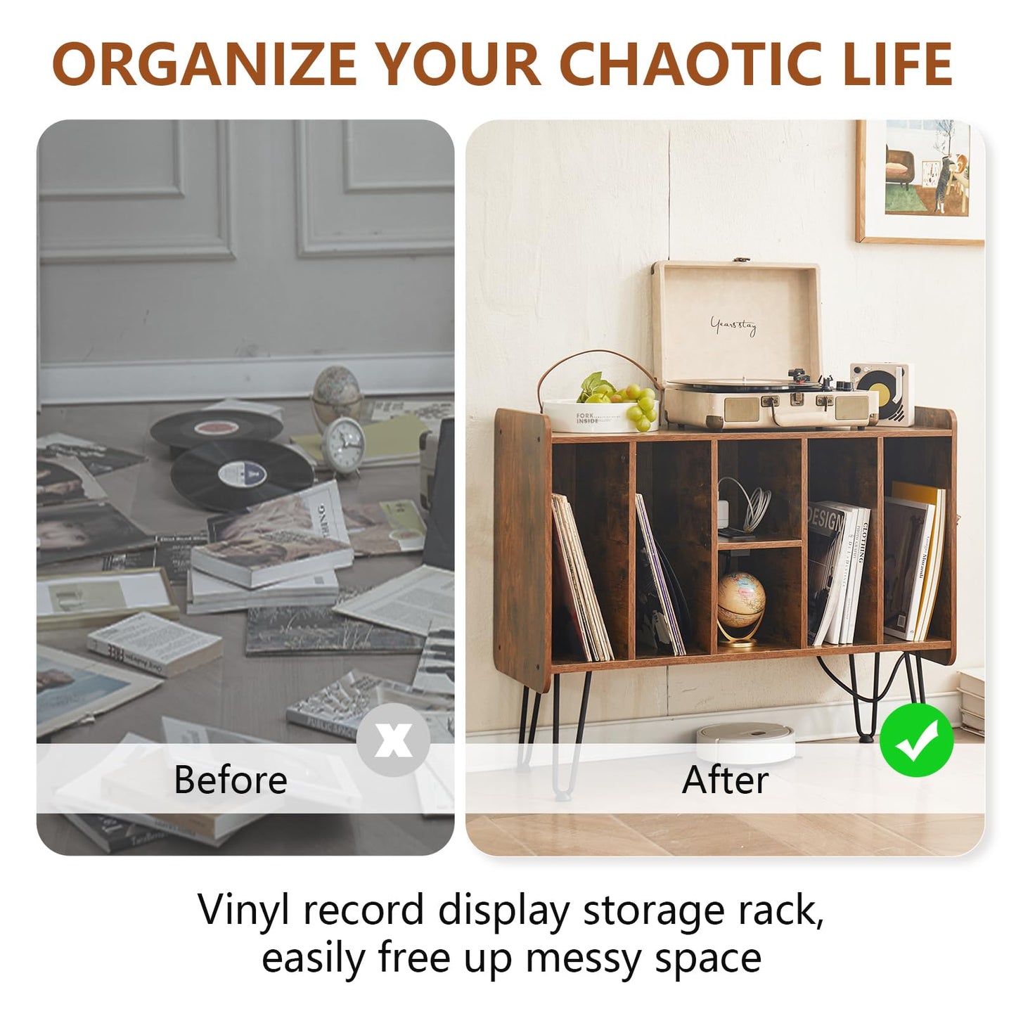 BMWEI Record Player Stand with Display Area, Wooden Turntable with Storage, Holds Up to 300 Albums (Brown)