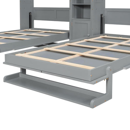 Merax Twin Murphy Bed with Storage Cabinets and Shelves, Dual Twin Wall Bed with Convertible Shelf Legs, Space Saving Foldable Bed for Small Rooms, Guest Room, Gray