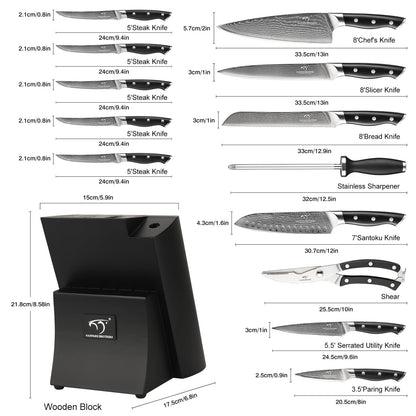 Damascus Kitchen Knife Set, 15-Piece Kitchen Knife Set with Block, ABS Ergonomic Handle for Chef Knife Set and Serrated Steak Knives Knife Sharpener and Kitchen Shears, 14 Slots Wooden Knife Block