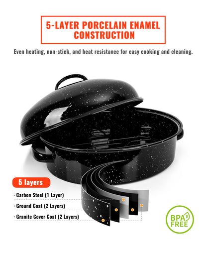 MCCSI Roasting Pan with Lid & Rack 18 Inch Extra Large Deep Oven Baking Pot, Enamel Granite Non-Stick Oval Carbon Steel Pot for Turkey Chicken Ham Steak Non-Toxic for Mother Day Gift Roaster Pan