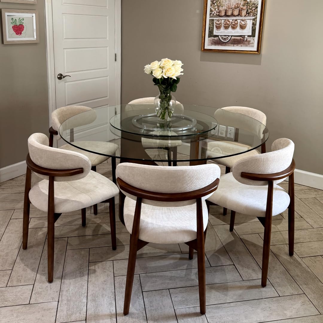 POVISON Modern Dining Chairs Set of 2, Armless Cotton Linen Dining Chair with Sackcloth Cushions and Dark Walnut-Coloured Ash Wood, Pre-Assembled Design