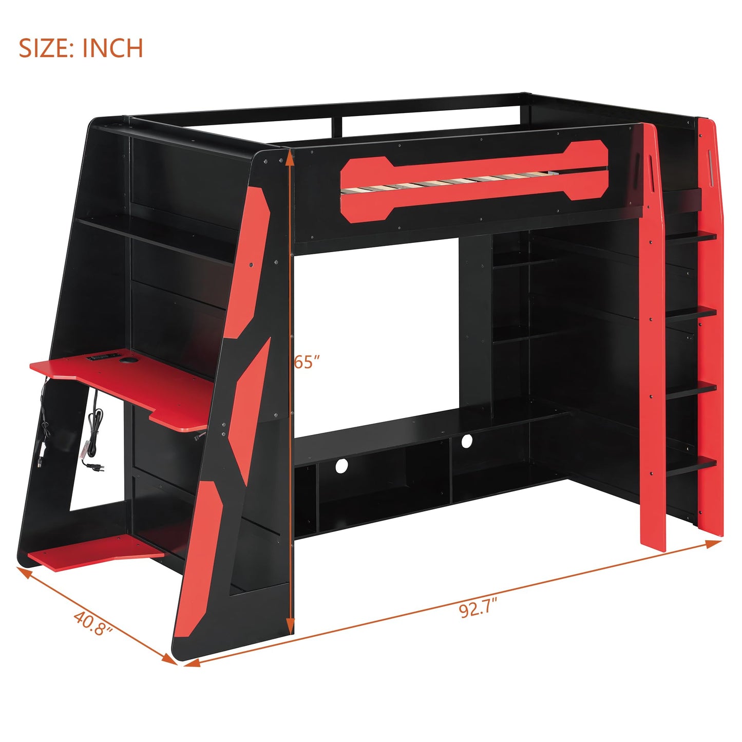 DNYN Gaming Loft Bed with Built-in Desk and Multi-storage Shelves for Teens/Adults Bedroom Dormitory, Space-saving Twin Size Wooden Bed Frame with LED & Guardrail, No Box Spring Needed & Easy Assemble