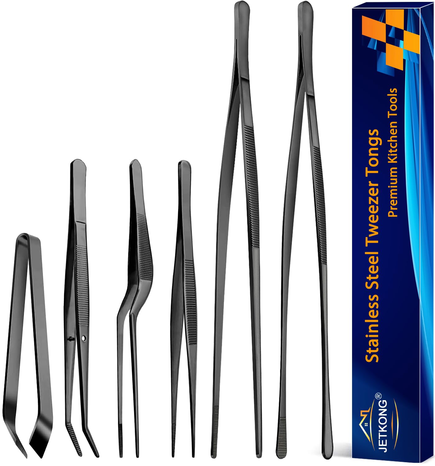 JETKONG 6 Pcs Cooking Tweezer Tongs, 12'' and 6.3" Stainless Steel Kitchen Tweezer Set, Professional Chef Tweezers for Cooking, Repairing, Sea Food, BBQ, Multi-use (Black)