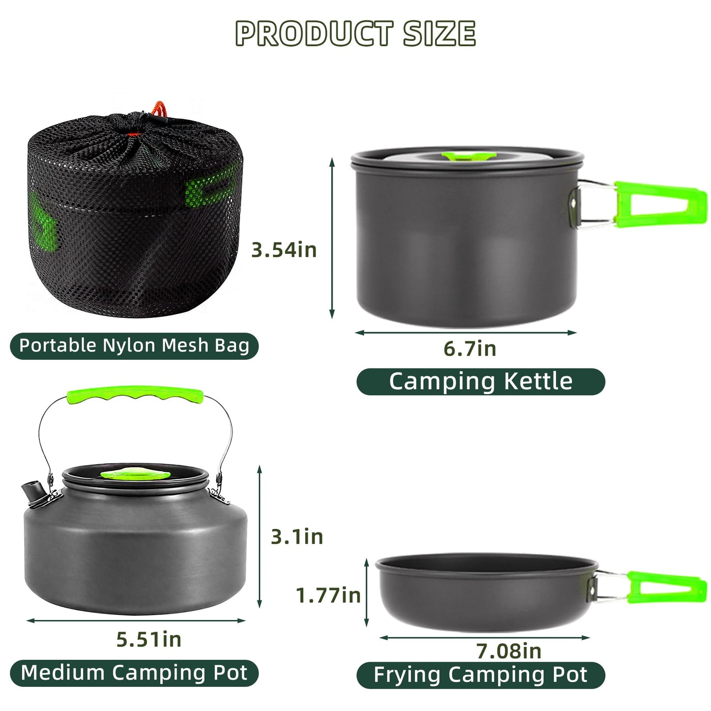 aiGear 3pcs Camping Cooking Set for 1-2 People, Lightweight Foldable Pot Pan Kettle with Storage Bag, Backpacking Cooking Set for Hiking Picnic Camping (Green)