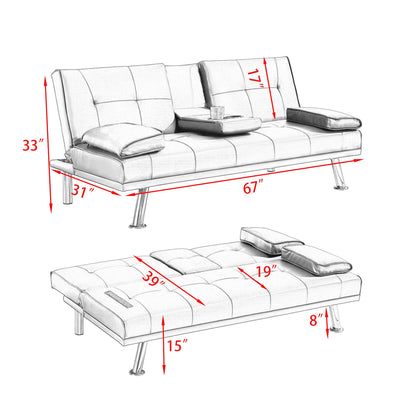 KEIKI 67" Leather Folding Futon Sofa w/Cup Holder & Adjustable Backrest, Mid Century Modern Couch Loveseat Convertible to Sleeper Bed, Comfy Cloud Couch SofaBed for Living Room & Bedroom, Orange