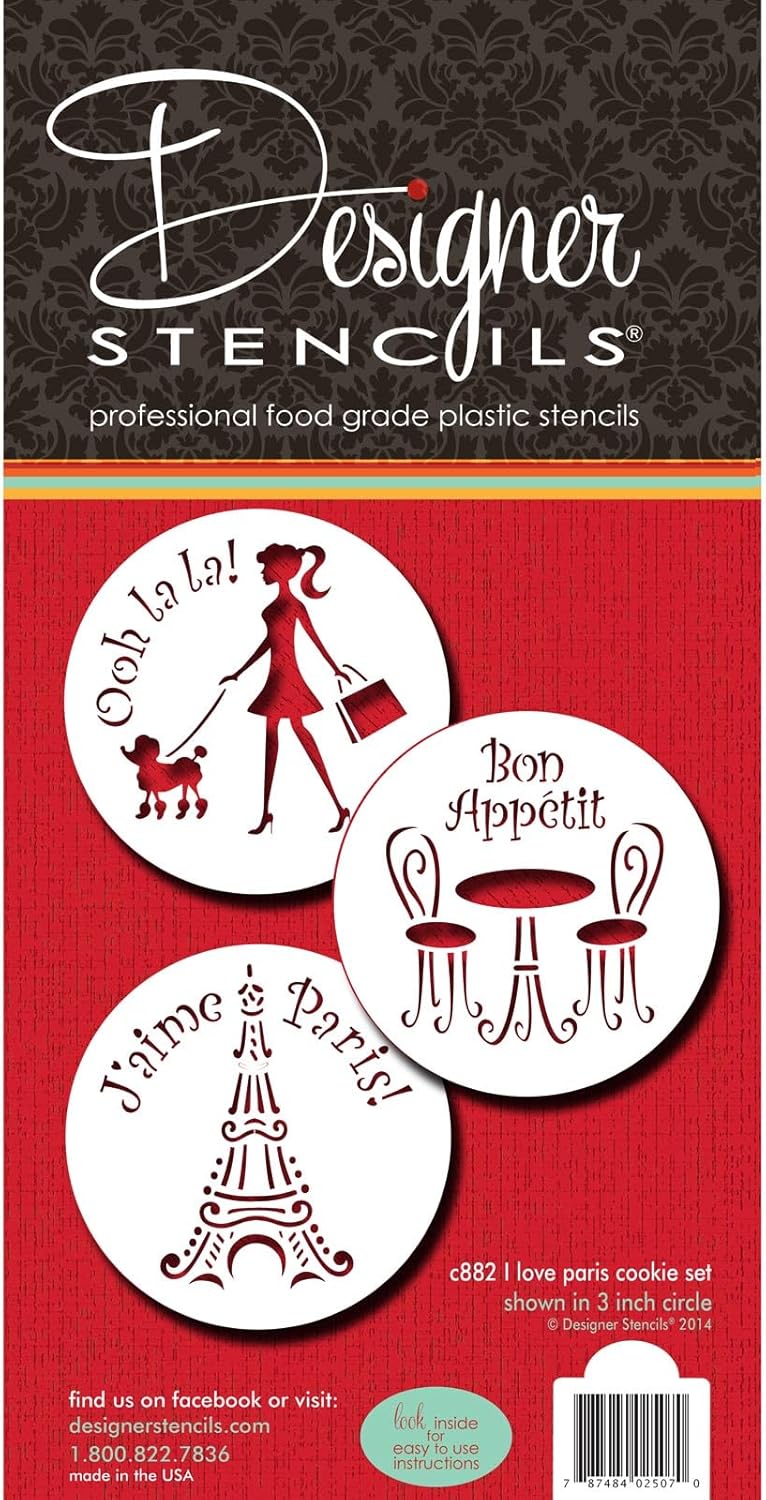 Designer Stencils I Love Paris Cookie Stencil Set, Beige/Semi-Transparent, fits 3 inch circle