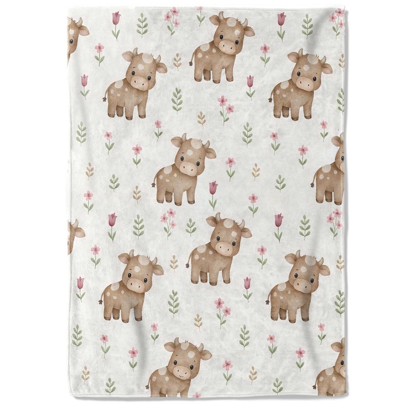 coedoaes Cute Cow Fleece Blanket,50x60in,Beige Calf Pink Flower Leaves Throw Blankets,Soft Cozy Lightweight, Ideal for Bed Living Room Home Farm Decor,Kids Gifts
