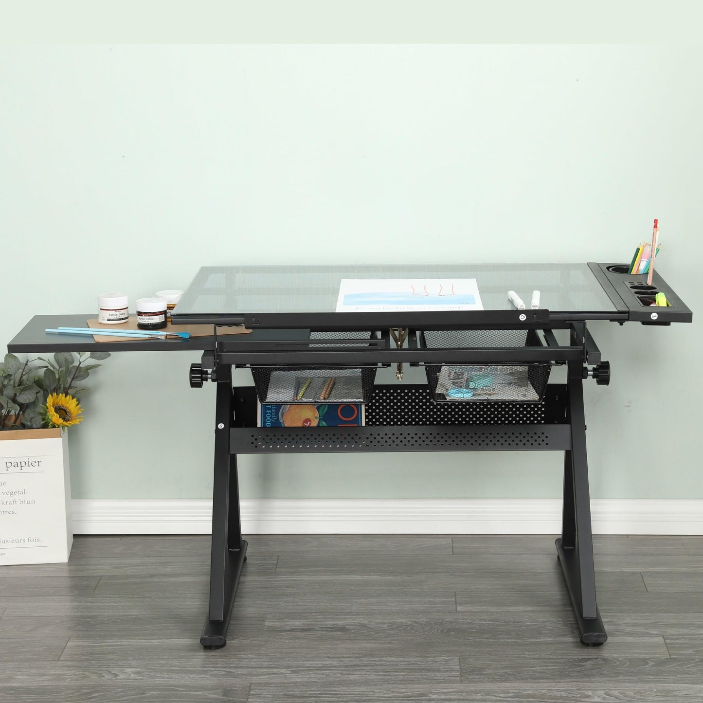 YJSPSSW Black Adjustable Tempered Glass Drafting Table with Chair, 5mm Thick Glass, 0-75° Tilt, 2 Metal Drawers, Side Storage Strips, Adjustable Legs for Office & Painting
