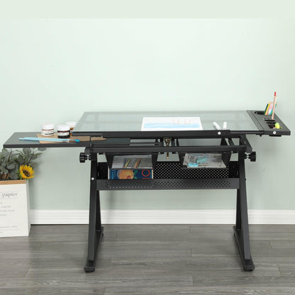 YJSPSSW Black Adjustable Tempered Glass Drafting Table with Chair, 5mm Thick Glass, 0-75° Tilt, 2 Metal Drawers, Side Storage Strips, Adjustable Legs for Office & Painting