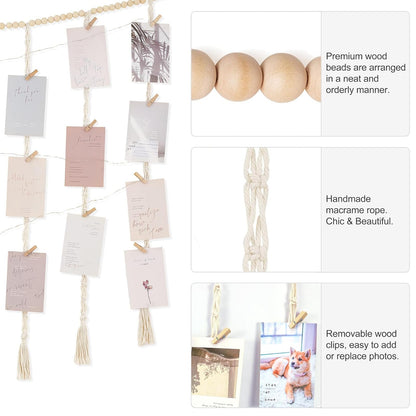 Funvalley Surperfect Macrame Hanging Photo Display Wall Decor with String Lights, Boho Wooden Beads Garland Collage Picture Card Frame Holder with 45 Clips for Bedroom Living Room Dorm