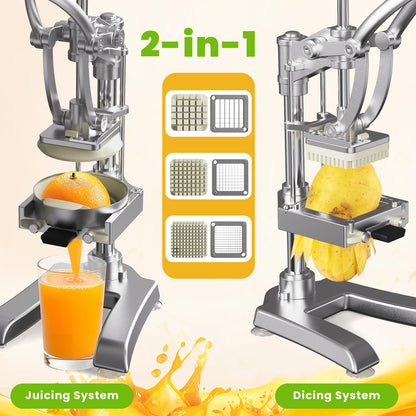 2-in-1 Commercial Juicer and Chopper - Heavy Duty Cast Iron Hand Press Manual Squeezer for Lemon, Citrus, Orange, Professional Vegetable Slicer French Fry Cutter Food Dicer
