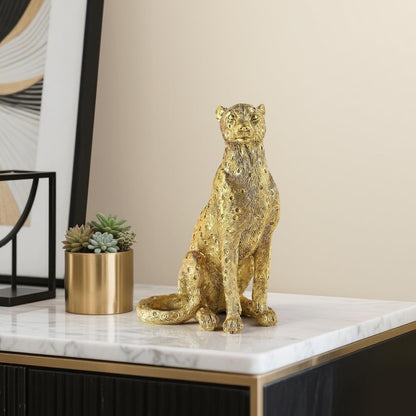 8" Cheetah Statue for Home Decor, Resin Sitting Leopard Sculpture, Gold Desktop Decoration for Living Room, Dining