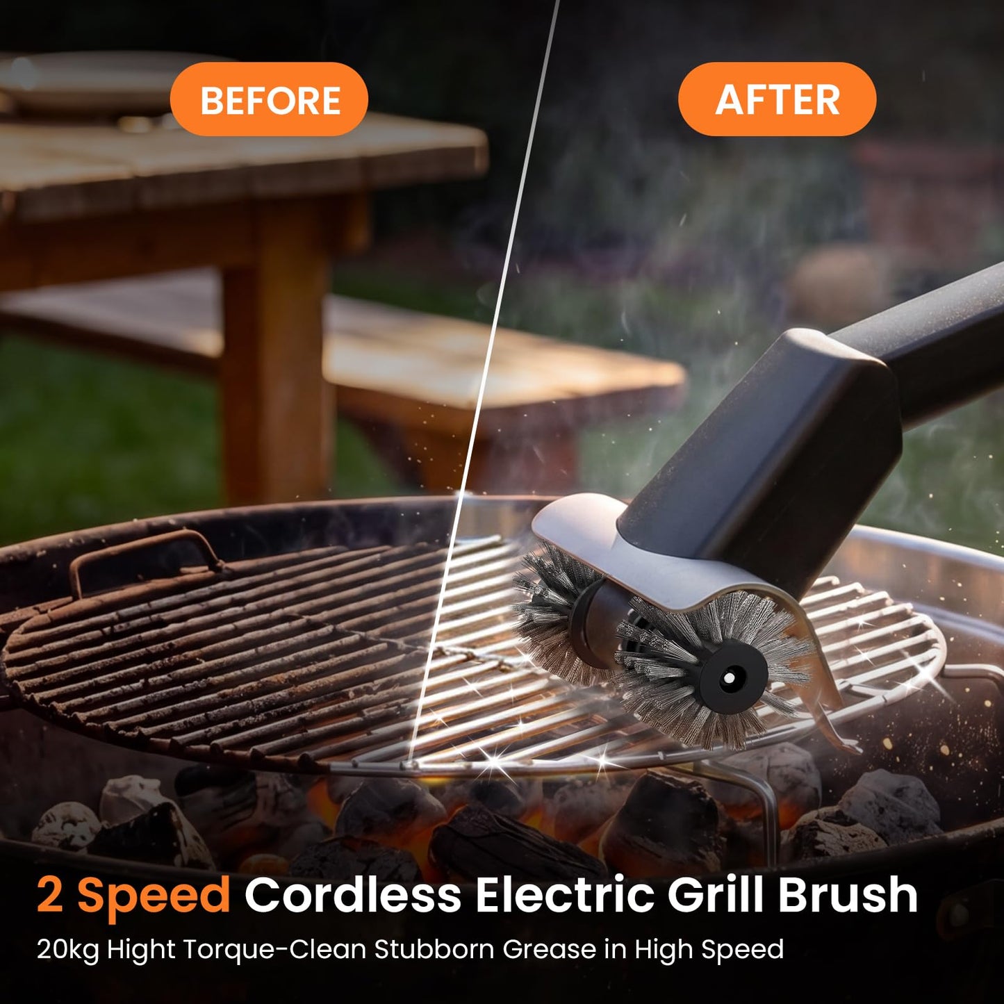 Electric Grill Brush with Water Spray & LED Light, 2600mAh Rechargeable BBQ Cleaner with 2 Speed Modes, 100 Mins Runtime, 304 Stainless Steel Heat Resistant Grill Brush for Outdoor Camping
