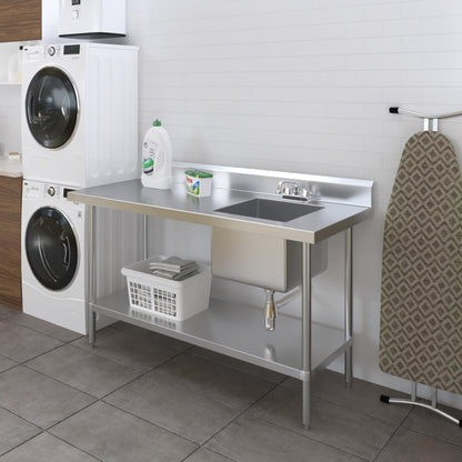 60 Inch Stainless Steel Work Table with Sink, 24 in. x 60 in. Commercial Prep Table with Right Side Sink, Faucet & Undershelf, Heavy Duty Kitchen Utility Workstation, NSF