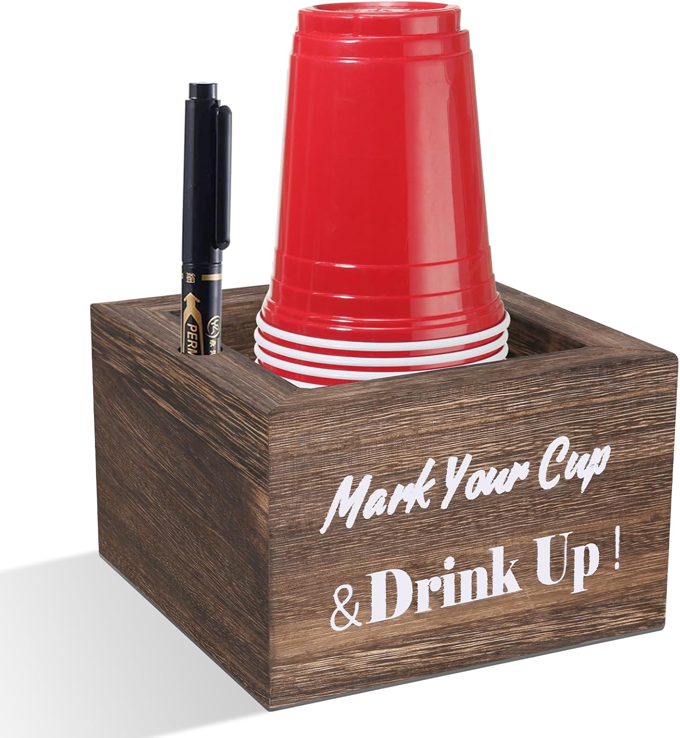 Wooden Cup Holder, Rustic Party Cup Holder with Marker Slot for Bar, Kitchen, Countertop, Home & Office