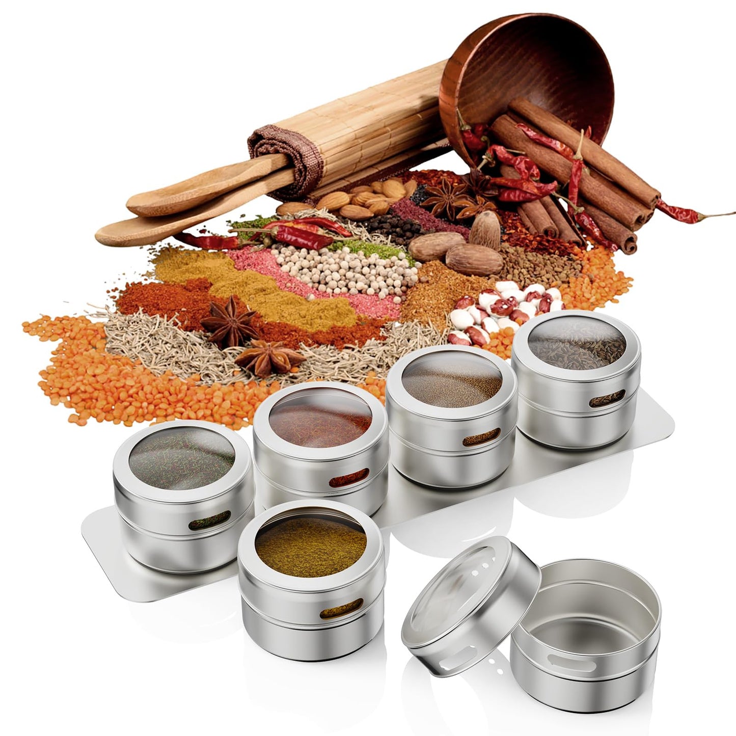 Vetacsion Set of 16 Magnetic Spice Tins with 4 Metal Wall-Plates,100 Preprinted Seasoning Label Stickers,2 Styles for 3 oz Herb Jars