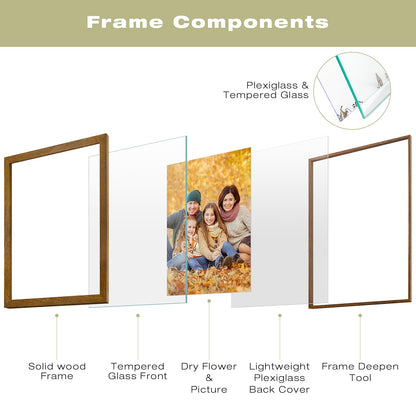 11x14 Floating Picture Frame - Brown Solid Wood Frame for Pressed Flower - Real Glass of Front - Use as 8x10 or 5x7 Picture Frame - for Wall Mount Display (Brown, 1 Pack)