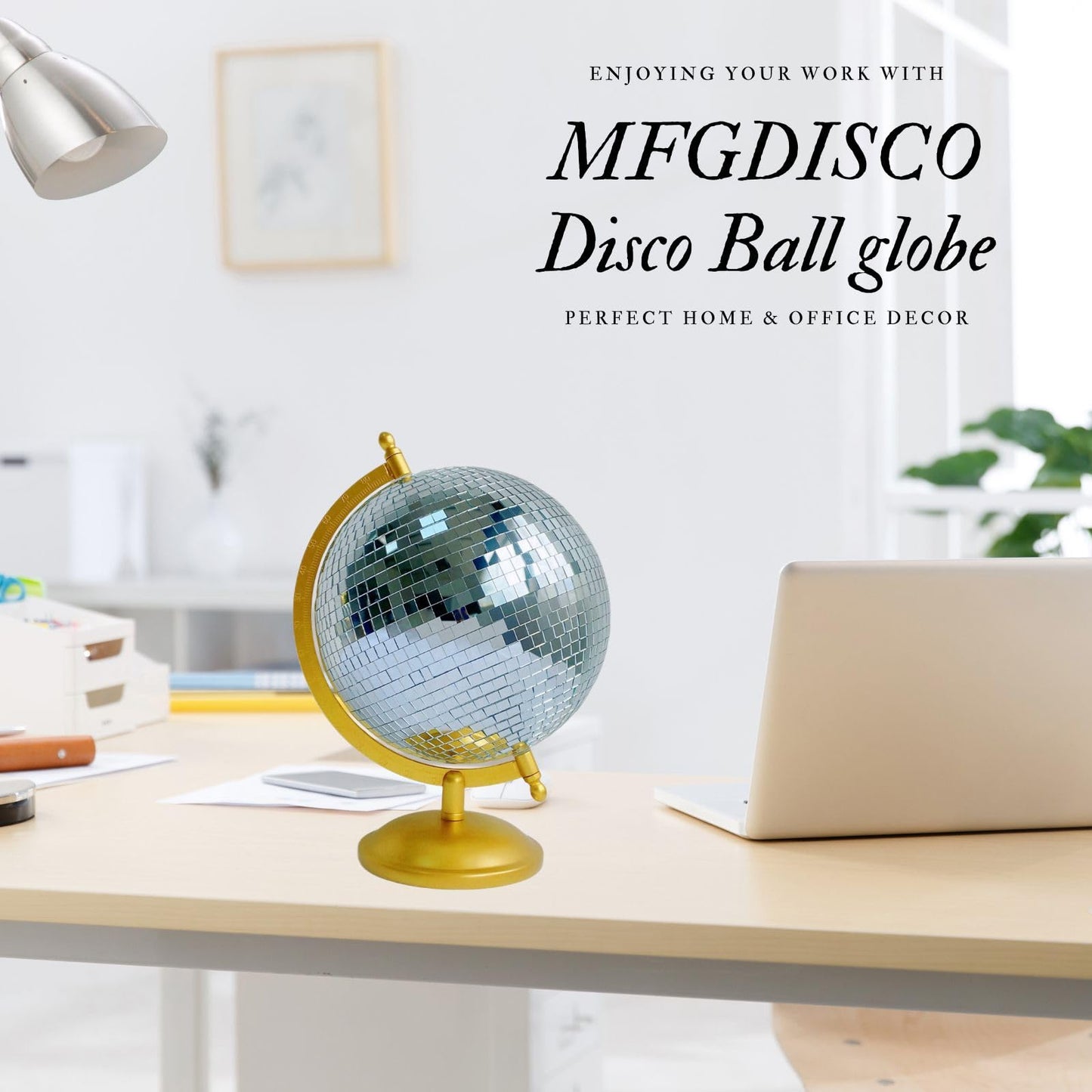 MFGDISCO Disco Ball Globe, Home Decor Statues, Classic Tabletop Art Sculpture with Metal Base, Discoball Unique Western Modern Decorative Aesthetic Sculptures, 8.5" x 8" x 12", Bright Gold