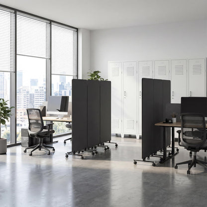 Room Divider with Wheels 72x66 Inch, 3 Panel Folding Privacy Screen, Portable Sound Proof Partition Wall for Office Studio School Hospital, Freestanding Temporary Wall on Casters, Dark Grey