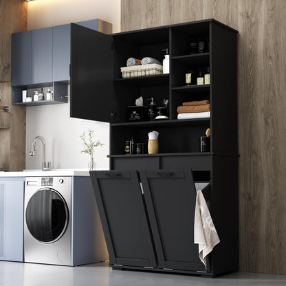 Roomfitters Tilt Out Laundry Hamper Cabinet with Hutch Modern Black Wooden Bathroom Storage Pantry Linen Tower, Black