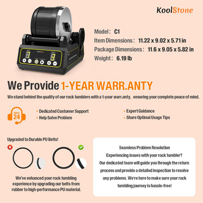 KoolStone C1 Rock Tumbler Kit - Large 2.5LB Rotary Rock Tumbler for Adults & Hobbyists, Quiet Rubber Barrel, Adjustable Timer & Speed, Complete Gem Polishing Kit with Memory Function