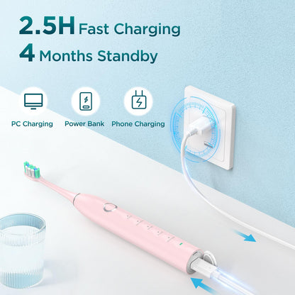 Electric Toothbrush for Adults with 8 Brush Heads, Sonic Toothbrush Rechargeable with a Holder & Travel Case, 2.5 Hours Charge for 120 Days Use - Light Blue