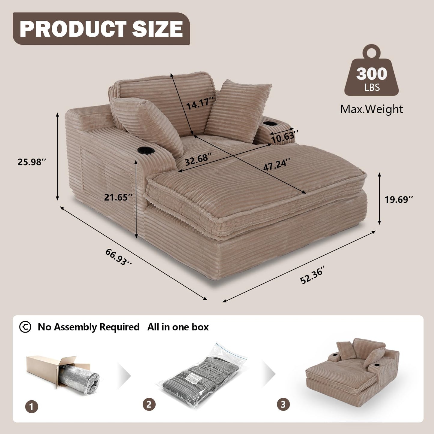 67" Oversized Chaise Lounge Chair Indoor, Soft Boneless Cloud Couch with 3 Pillows, 4 Side Pockets and 2 Cup Holders, Comfy Corduroy Sleeper Couch for Living Room Bedroom