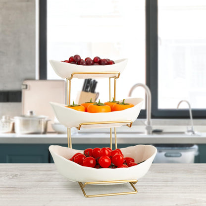 jessie 3 Tier Ceramic Fruit Bowls for Kitchen Counter with Metal Rack, Fruit Basket with Stand, Porcelain Bowls for Fruit Vegetable Bread Candy Snack Nuts Dessert Cake Tray (White 3 Layer)