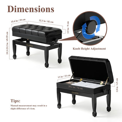 FILISITE Genuine Leather Duet Piano Bench with Storage,Adjustable Heavy Duty Wooden Double Keyboard Seat XHJ-11G(Black)