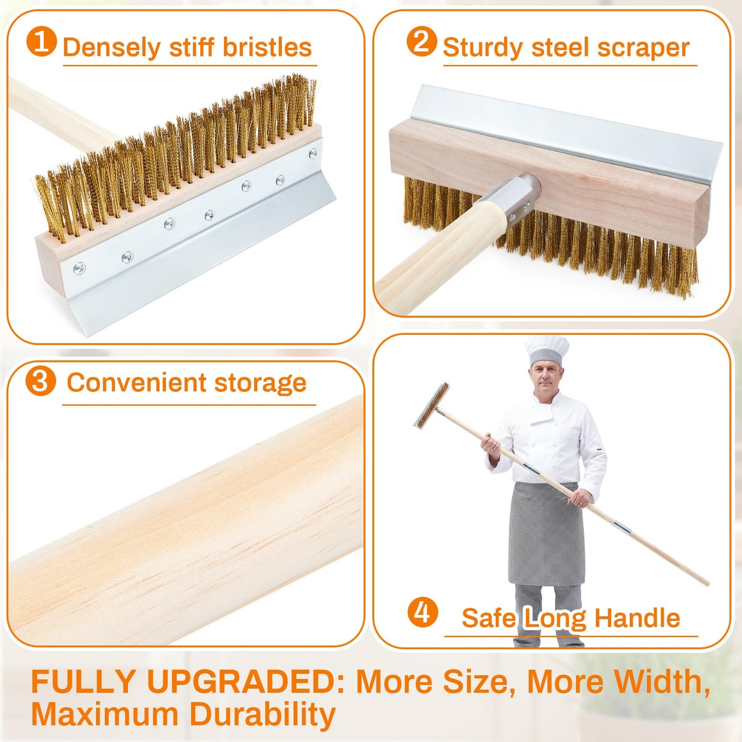 Reallnaive 2 Pack 63 Inch Wood Handle Pizza Oven Brush with Scraper Outdoor Pizza Oven Cleaning Brush Tool, Aluminum Threaded Tip, Brass Bristles with Steel Scraper