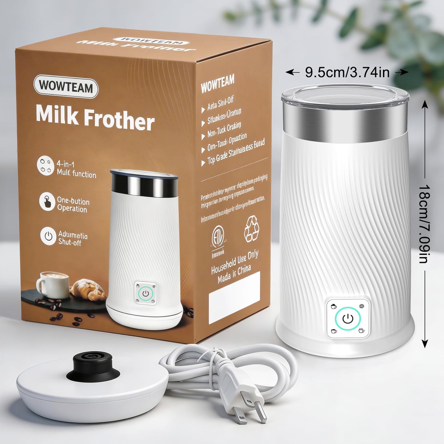 Wowteam Milk Frother, 4-in-1 Electric Milk Steamer, Warm and Cold Milk Warmer and Foam Maker for Coffee, Latte, Cappuccinos, Macchiato, 8.2oz/240ml, Stainless Steel, White