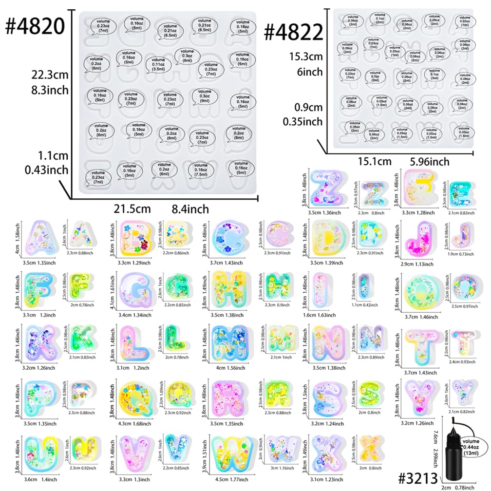 Alphabet Resin Shaker Molds Kawaii Keychain Charm Large and Small Set Pack of 107 Silicone Trays Seal Films Precision Tip Applicator Bottle Kit Bundle
