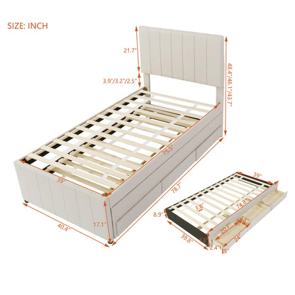 Merax Twin Size Bed Frame with Trundle and 3 Storage Drawers, Elegant Linen Upholstered Platform Bed with Stripe Headboard for Bedroom, Small Spaces, Solid Wood Slats Support, Easy Assembly, Beige