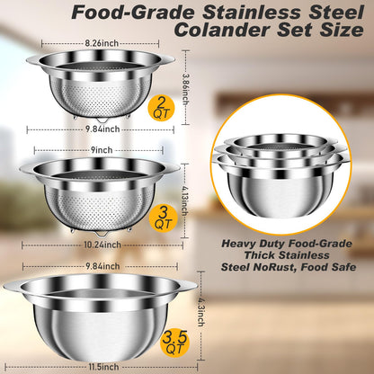 Colander, Stainless Steel Colander with Mixing Bowls (3.5QT), 3Pcs Strainer for Kitchen Gadget Food Strainer Basket with Handle, Colanders Bowl for Pasta Noodles Spaghetti Vegetables Fruit (3.5+3+2QT)