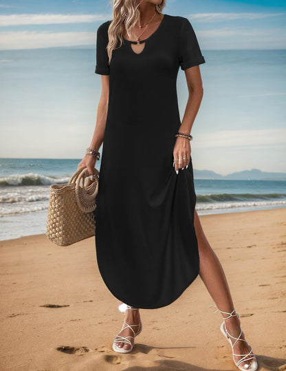 Zeagoo Womens Maxi Summer Dress with Pockets Casual Short Sleeve Sundress Trendy 2025 Curve Hem Long Dresss