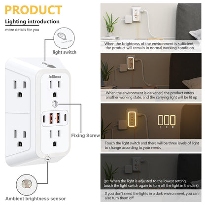 Wall Outlet Extender with Night Light, Power Plug Adapter 6 Outlet Extender with 4 USB Charging Ports 1050J Power Strip Multi Plug Adapter Spaced for Home Travel Office (2U2C)