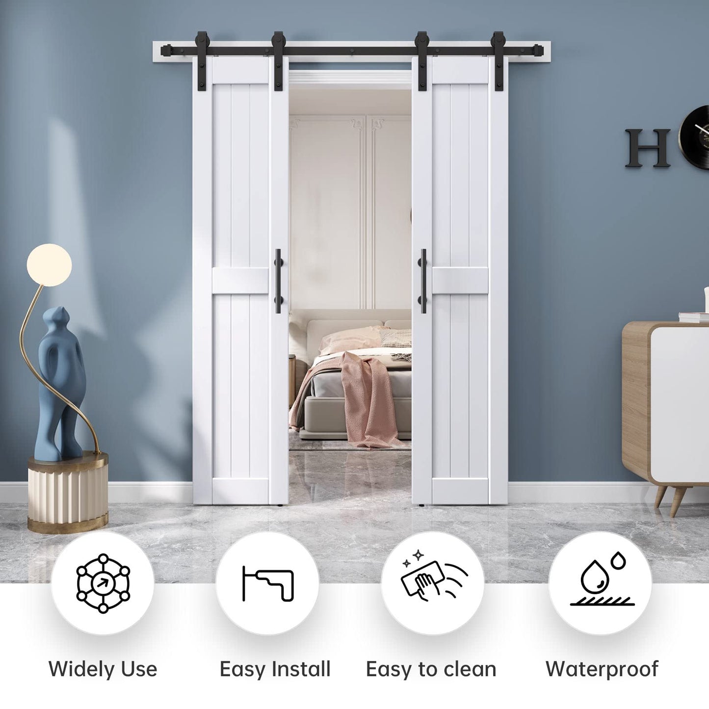 EaseLife 36 x 84 inch (Double 18x84 Door) White Barn Door with 6.6FT Sliding Door Hardware Kit Included & Handle,Solid Wood,Waterproof,DIY Assemblely,Easy Install,H-Frame,Fit 32-34in Wide Opening