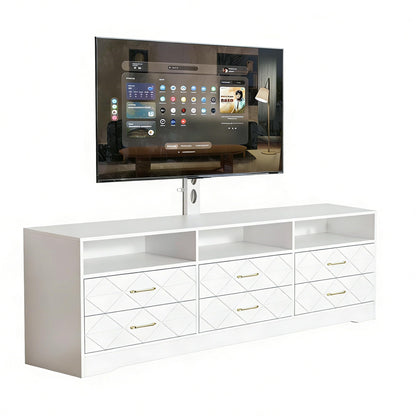 TV Stand With 6 Storage Drawers For Bedroom Living Room, Universal TV Stand With Mount Fit 32-80 Inch TVs, White Entertainment Center, Farmhouse Wood Media Console Tables With Height Adjustable Mount