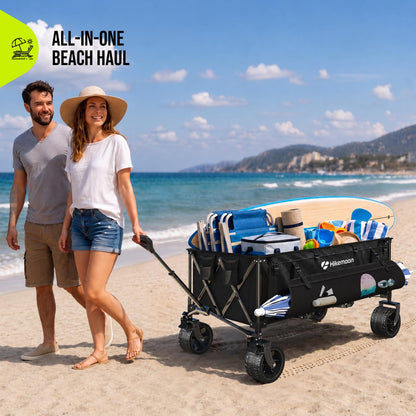 Hikemoon 400L Large Wagons Carts Foldable, 54" Extra Long Collapsible Beach Wagon with Big All-Terrain Wheels, 560LBS Heavy Duty Utility Folding Cart for Camping, Grocery, Sports, Garden, Black