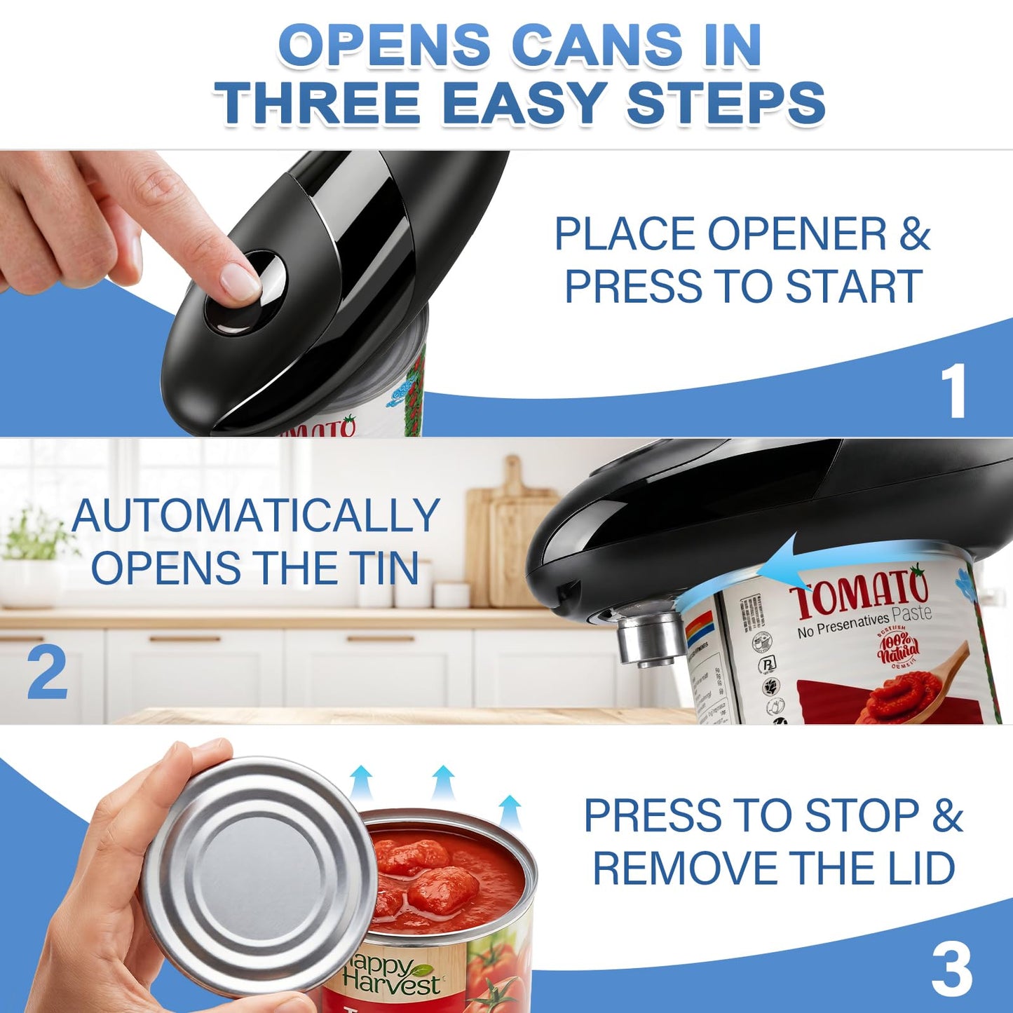Automatic Electric Can Opener for Seniors & Arthritis, One-Touch Hands-Free Operation, Fits All Can Shapes, Smooth Edge, Battery Powered Portable Kitchen Gadget