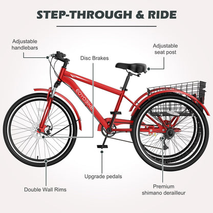 H&ZT Adult Tricycle, 3 Wheeled Bike, Trike Cruiser Bike, with 7-Speed Gear, Parking Brake Handle, Low Step, Large Rear Basket, Elderly Friendly, for Men, Women, and Teens