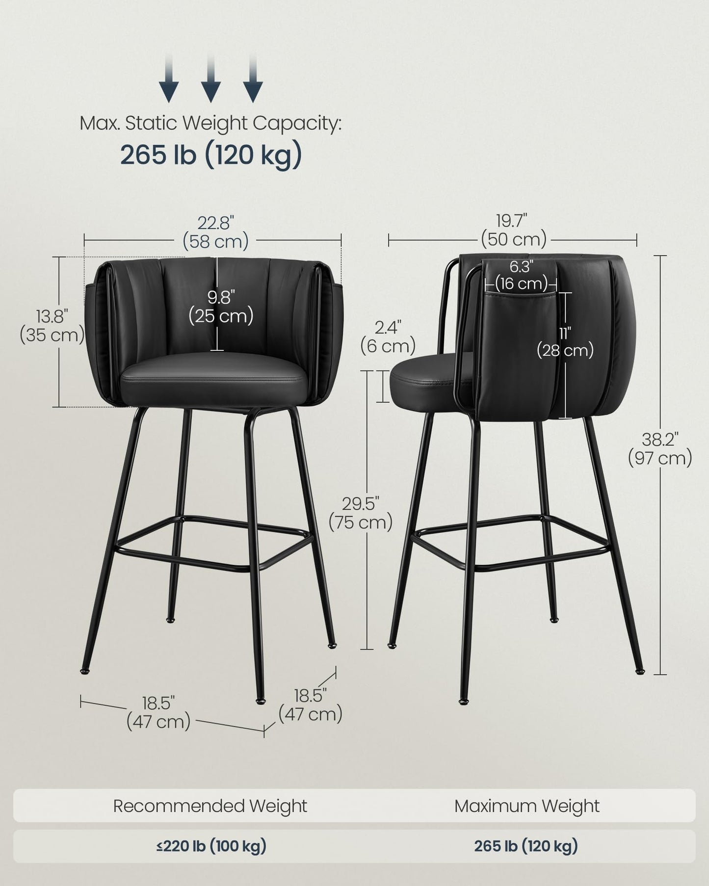 SONGMICS HOME 360° Swivel Bar Stools Set of 4, Barstools with Curved Back, Upholstered Counter Bar Stools with Footrest, Metal Tapered Legs, for Kitchen Island, Dining Room, Ink Black ULBC123BH01S-2J