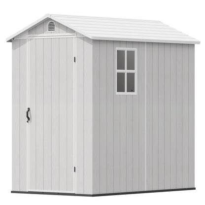 Devoko 4×6 FT Resin Storage Sheds with Floor, Plastic Outdoor Garden Shed with Windows and Lockable Doors, Waterproof Outside Tool Sheds for Patio Backyard Lawn, Light Gray