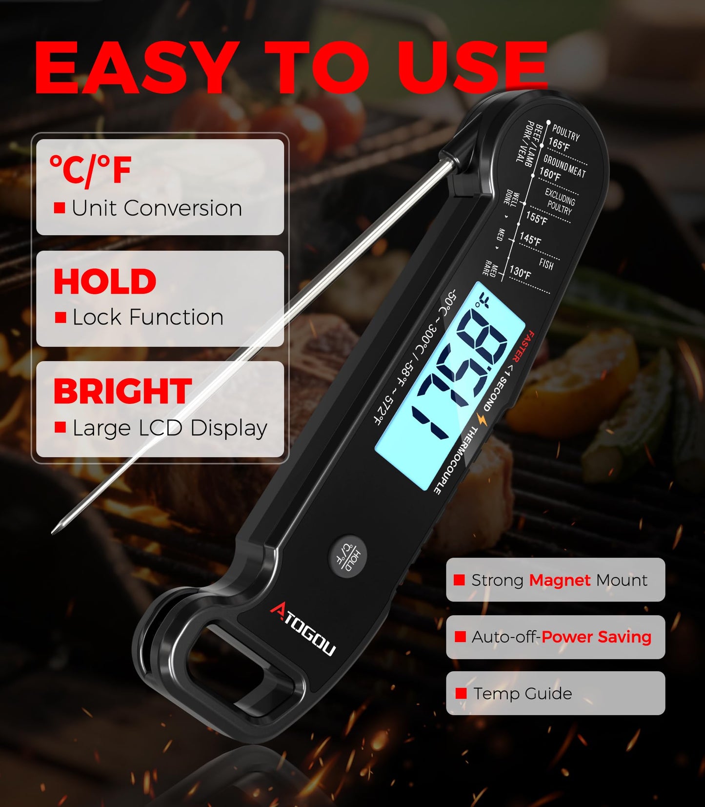 Atogou Meat Thermometer, Professional Food Thermometer, <1 Sec Instant Read, ±0.5℉ Accuracy, Thermocouple Sensor, Waterproof Digital Thermometer for Cooking, BBQ, Grill, Him Dad Birthday Gifts, Black