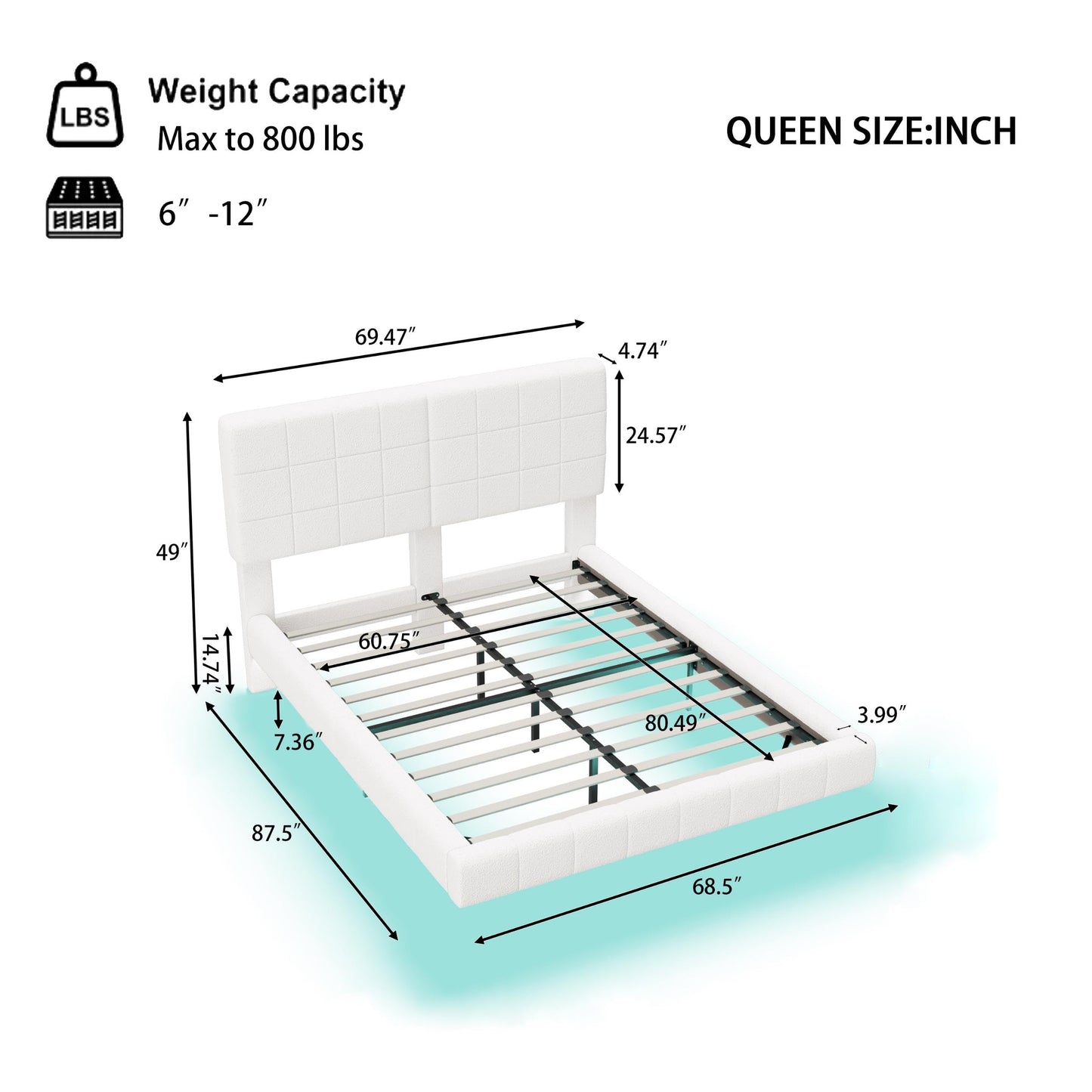 Christopher Knight Home Borden Floating Bed Frame Queen Size with Lights, Boucle Queen Size Platform Bed Frame with Headboard, Modern Floating Queen Bed Frame,No Box Spring Needed,Easy Assembly, White