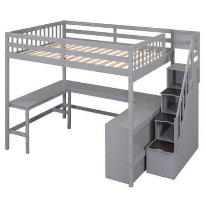 Ball & Cast Loft Bed Full Size with Built-in L-Shaped Desk and Three-Tier Storage Shelves,Wooden Bedframe w/Storager Staircase & Guardrails,Space Saving,Bedroom Furniture for Student Dorms,Gray