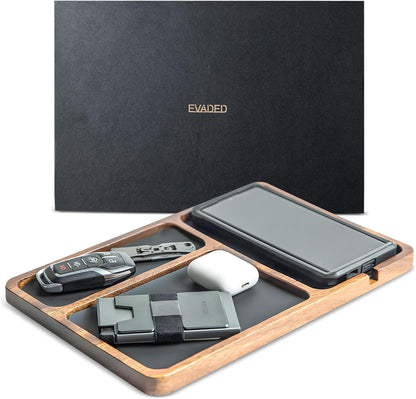 Evaded Premium Acacia Wood and Leather Valet Tray for Men; Night Stand Vanity Tray, Mens Valet Tray Organizer, Bedside