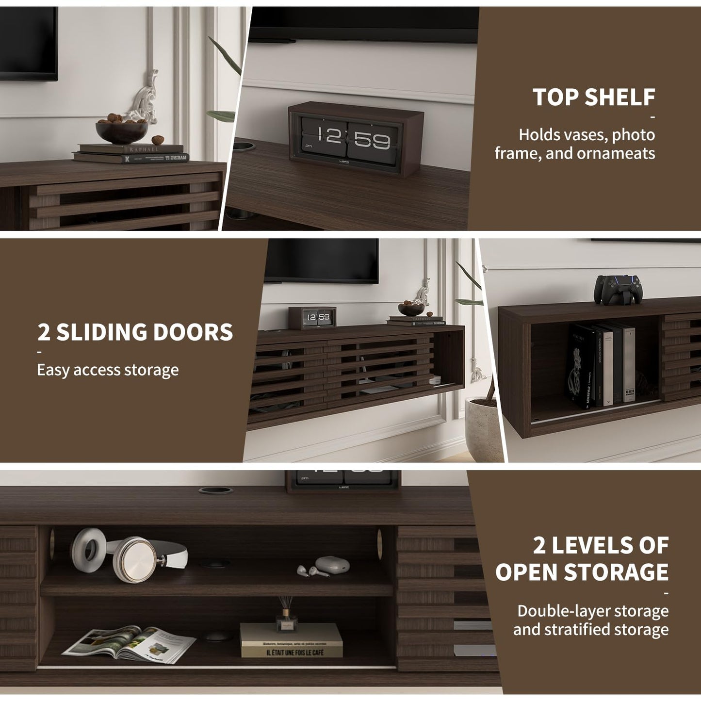 Furniloft 78" Floating TV Stand with Slatted Sliding Doors, Mid-Century Modern Wall Mounted Entertainment Center, Walnut Media Floating tv Console for 85 TV, Space-Saving Cable Management