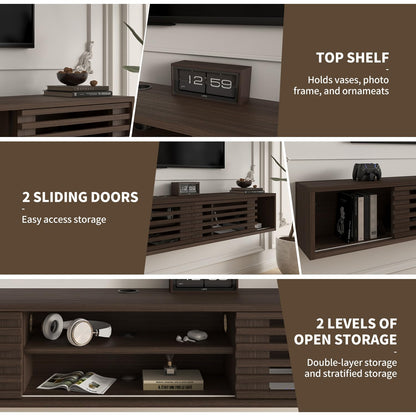 Furniloft 78" Floating TV Stand with Slatted Sliding Doors, Mid-Century Modern Wall Mounted Entertainment Center, Walnut Media Floating tv Console for 85 TV, Space-Saving Cable Management